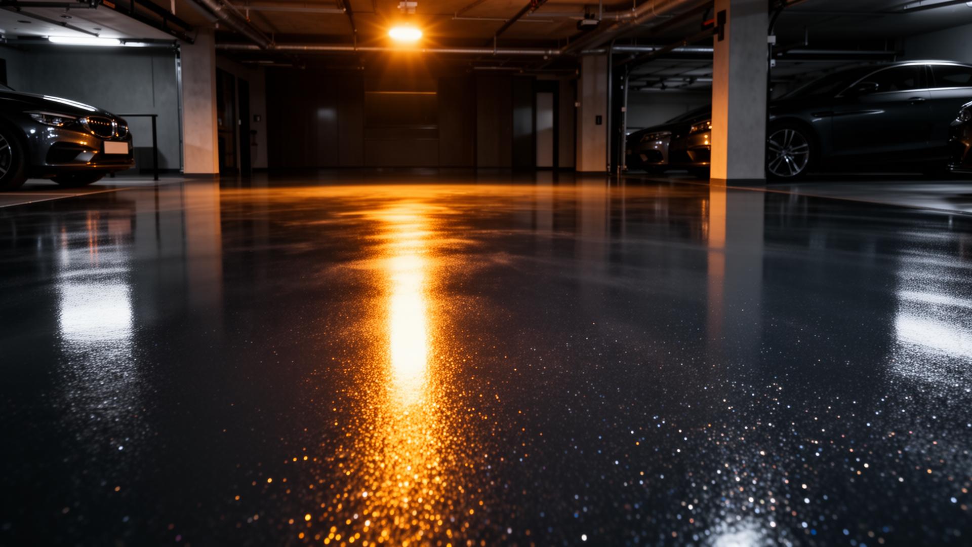 Glossy metallic epoxy floor with warm amber reflection